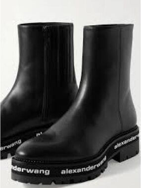 Alexander Wang Black Leather Logo Lug Ankle Boots EU 37.5/ US 7.5/8